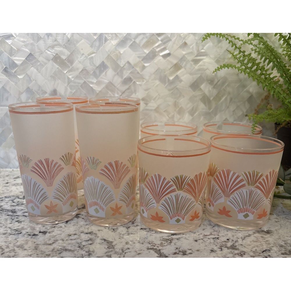 8 Vintage Stotter Deco Revival Plastic Seashell Tumbler Glasses Beach House READ
